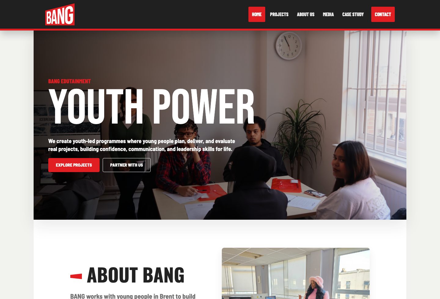 Desktop screenshot of the BANG homepage