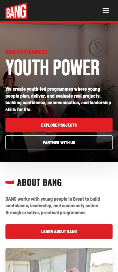 Mobile screenshot of the BANG homepage